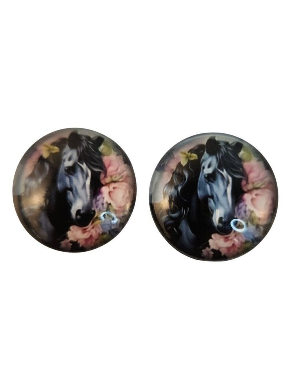 Set of 2 Black Horse Glass Cabochons 1 Inch Round, Floral Dome Craft Supply for